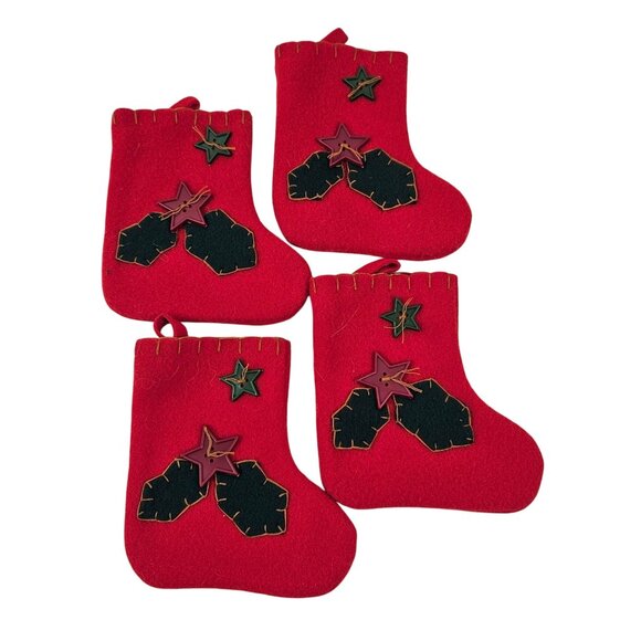 Mini Christmas Stocking Set of 18 Ornaments Red Green Felt With Applique Designs - Picture 7 of 10